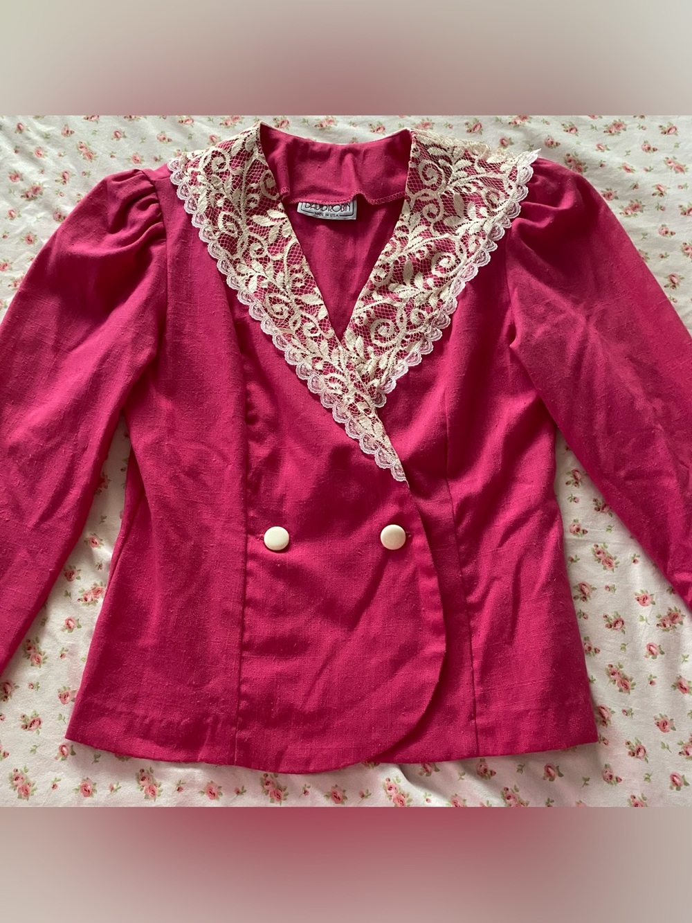 True Vintage 1980s David Robin Barbie Pink Puff Sleeve Blazer with White Lace - Picture 2 of 5
